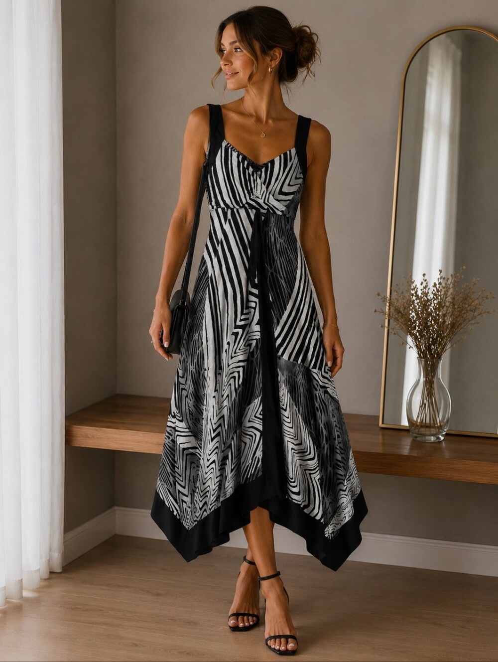 💙 Black & White Asymmetrical Zebra-Print Dress